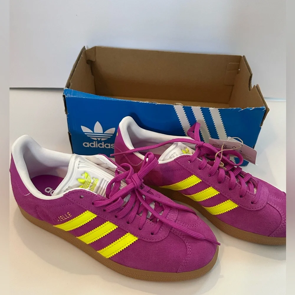 NWT adidas Originals Gazelle sneakers in pink and yellow with gum sole Women’s